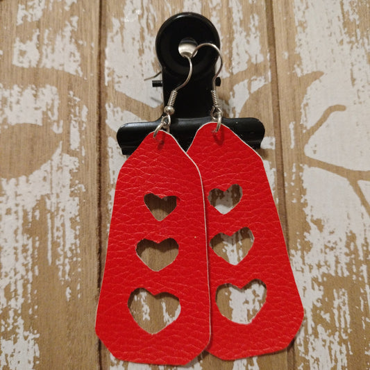 Handmade Red Three Tier Hearts Faux Leather Earrings