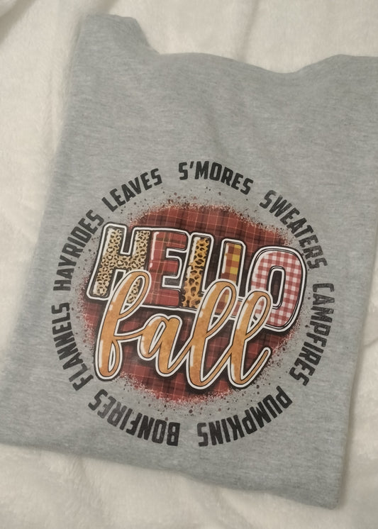 Hello Fall (Bonfires, Flannels, Hayrides, Leaves,  S'Mores, Sweaters, Campfires & Pumpkins) Unisex T-Shirt