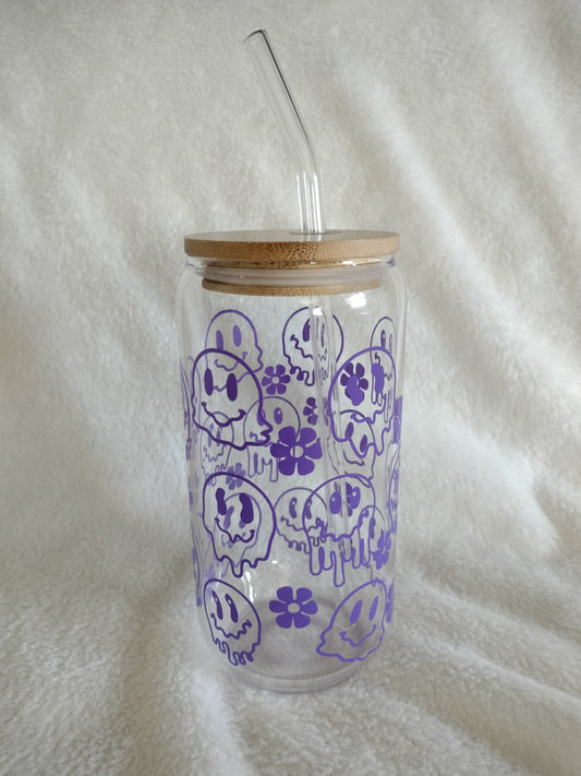 Retro Melting Smiley Faces Iced Coffee Cup Glass with Bamboo Lid & Glass Straw - Beer Can Shaped Glass