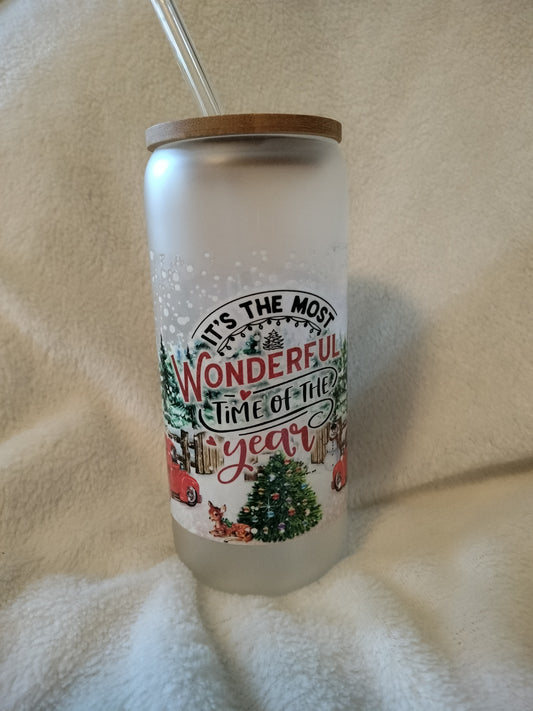 Christmas Holiday It's The Most Wonderful Time Of The Year Iced Frosted Coffee Cup Glass with Bamboo Lid & Glass Straw - Beer Can Shaped Glass