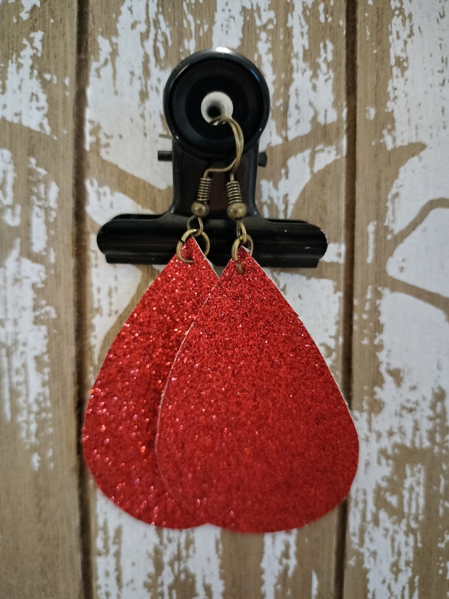 Handmade Red Glitter Raindrop Faux Leather Earrings