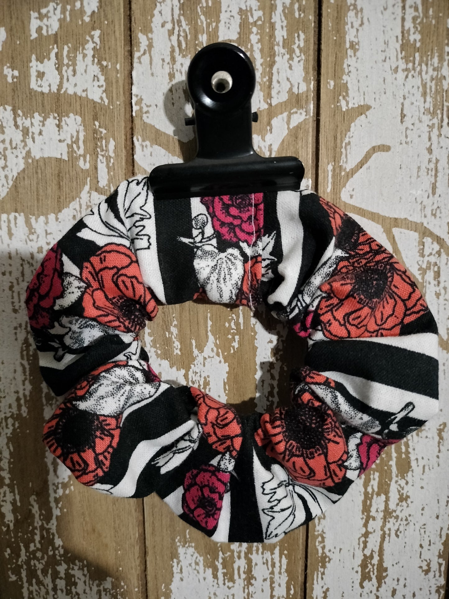 Handmade Black & White Striped Pink Roses 90s Fashion Vintage Style Scrunchie Ponytail Hairtie