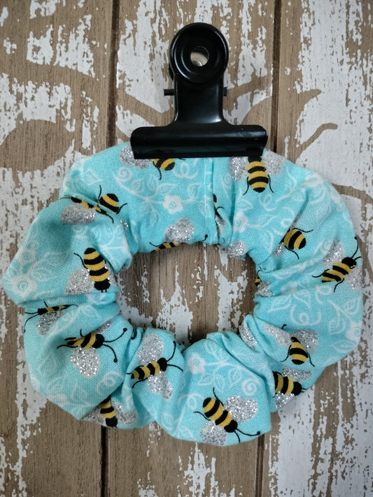 Handmade Blue Sparkly Bumblebees 90s Fashion Vintage Style Scrunchie Ponytail Hairtie