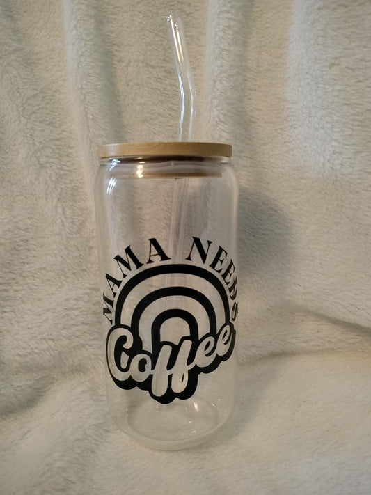 Mama Needs Coffee Iced Coffee Cup Glass with Bamboo Lid & Glass Straw - Beer Can Shaped Glass