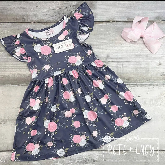 Girls Pete & Lucy Navy Blue Roses Size 5 Short Sleeve Dress