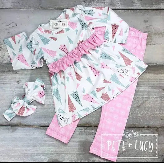 Girls Pete & Lucy White & Pink Snowflake & Trees Toddler Long Sleeve Pants Set