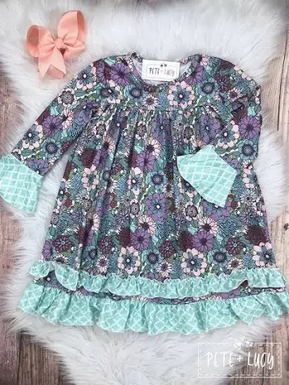 Girls Pete & Lucy Blue & Purple Floral Toddler Size 3T Long Sleeve Dress