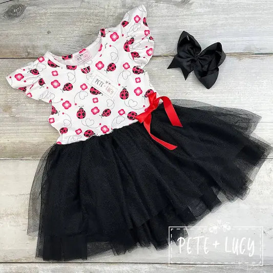 Girls Pete & Lucy Black & White Ladybug Short Sleeve Dress